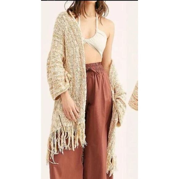 Free People fringe knit Duster Poncho Lucia Size Small Boho Festival Cardigan - Picture 3 of 10